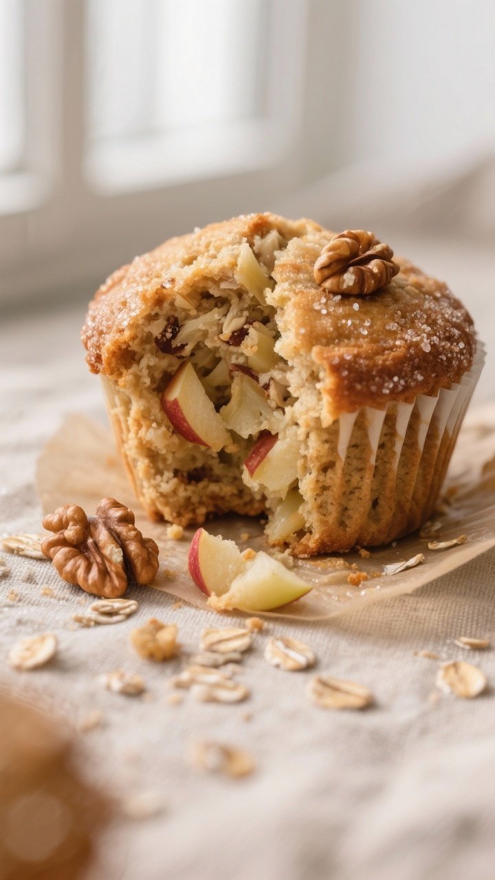 Close-up detail: A freshly baked oat bran apple muffin torn open, showing a tender, moist crumb stud