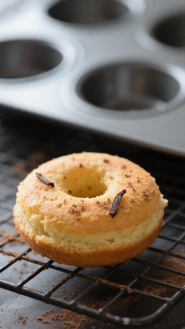 Close-up detail: A freshly baked protein donut just out of the pan, golden and cake-like with a soft