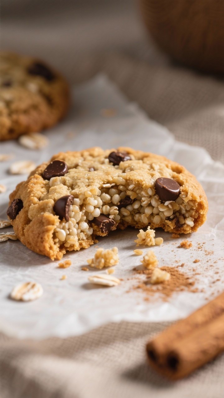 Close-up detail: A freshly baked quinoa oatmeal cookie broken in half, showing the soft, chewy cente