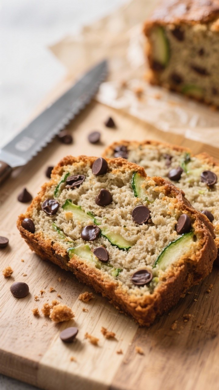 Close-up detail: A freshly baked slice of protein zucchini bread dotted with glossy, half-melted dar