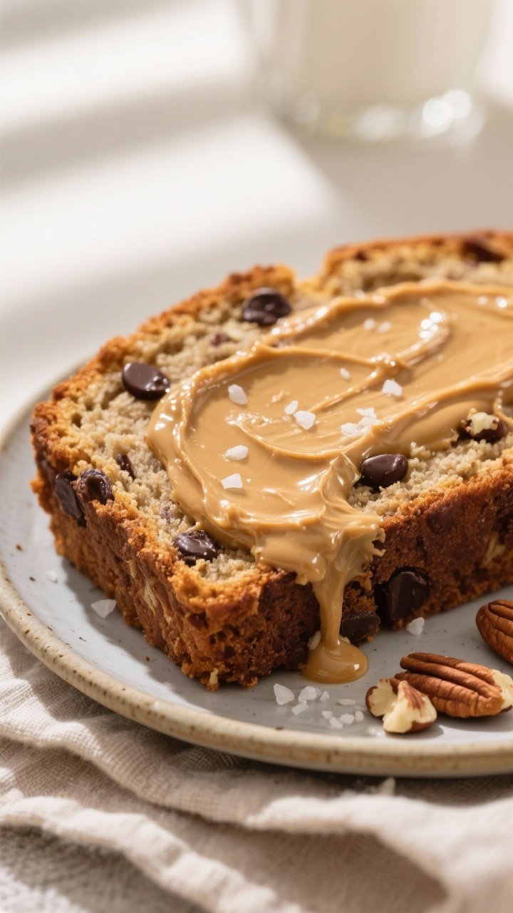 Close-up detail: A freshly baked slice of protein banana bread on a small ceramic plate, thickly spr