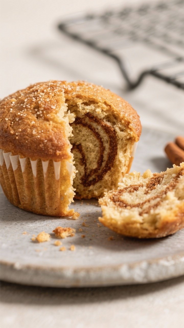 Close-up detail: A freshly baked spelt cinnamon swirl muffin torn open to reveal distinct cinnamon-s