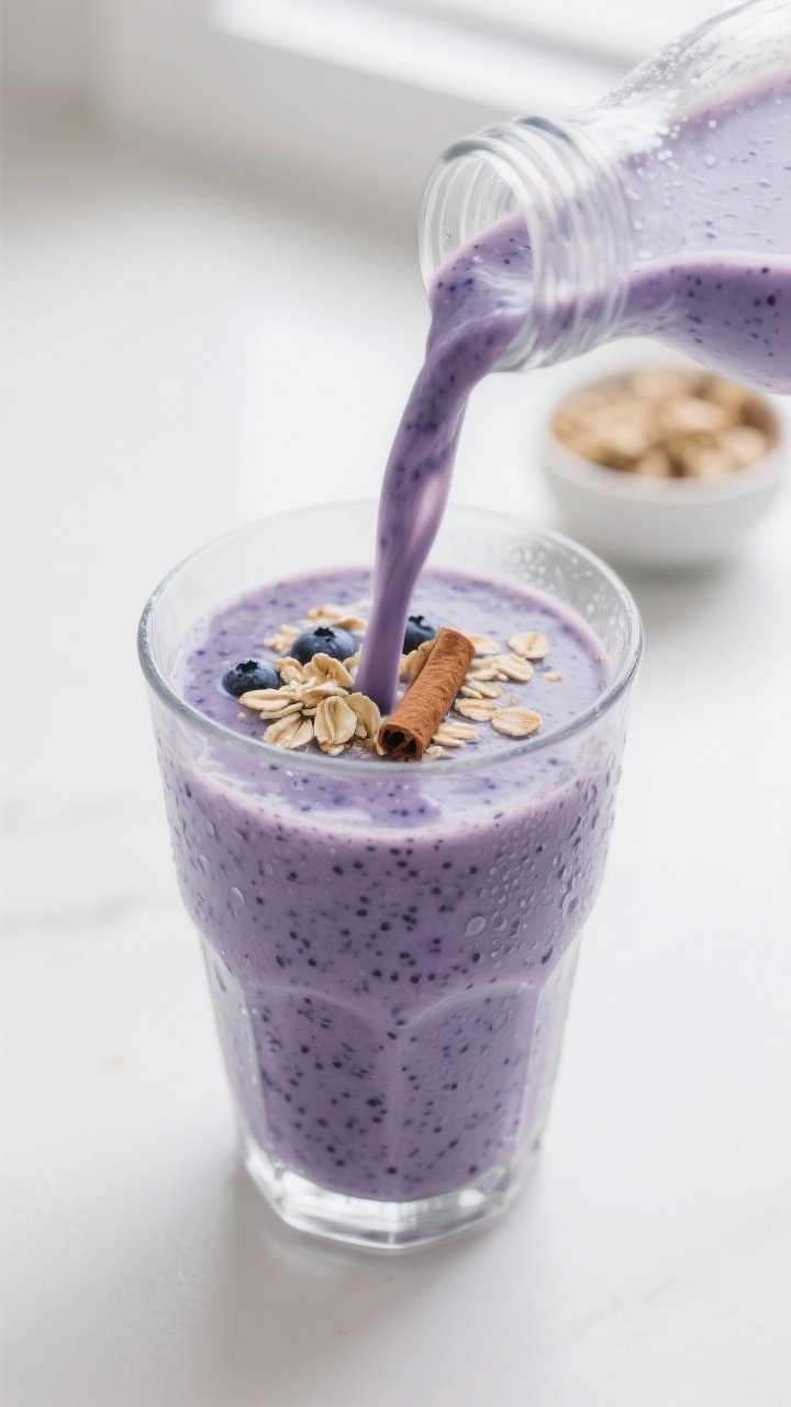 Close-up detail: A freshly blended Blueberry Oatmeal Smoothie pouring in a silky ribbon into a chill