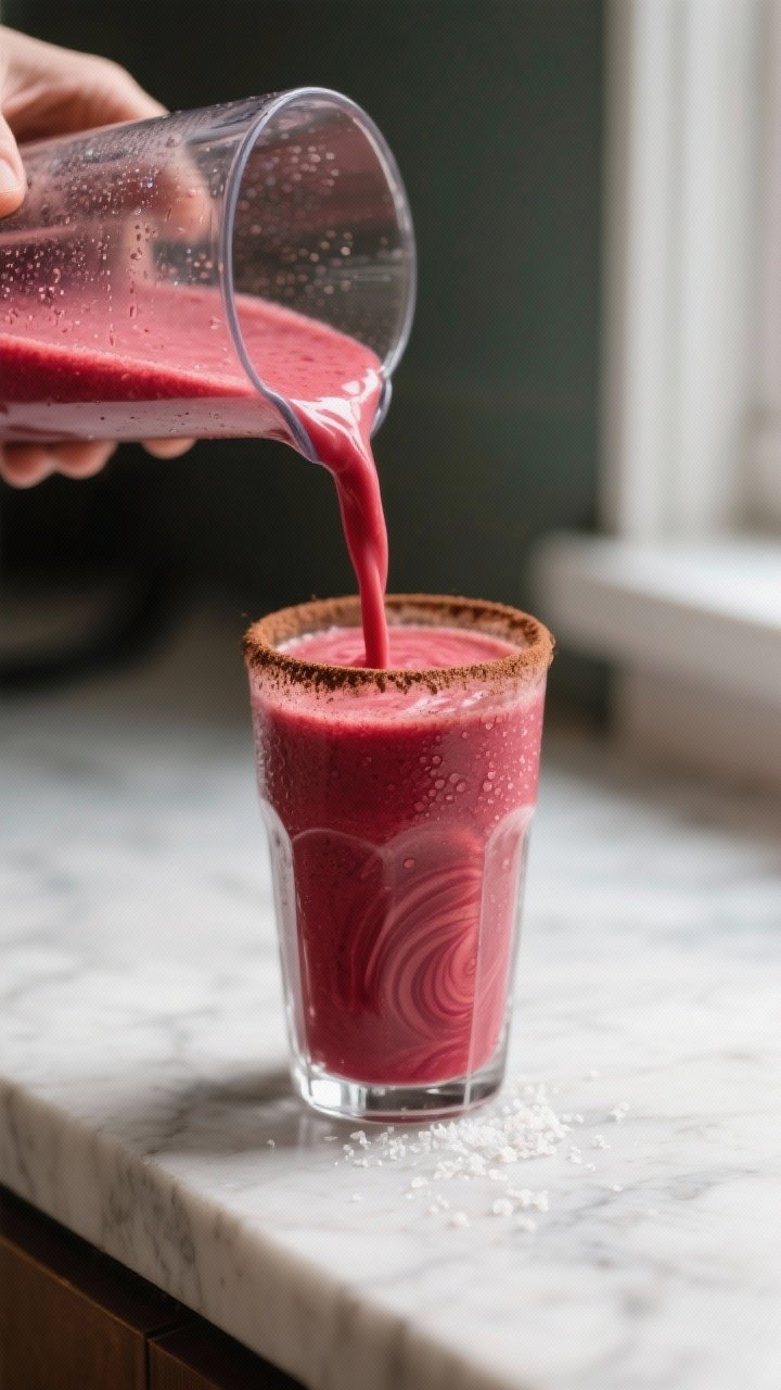 Close-up detail: A freshly blended Red Velvet Smoothie being poured in a silky ribbon from a glass b
