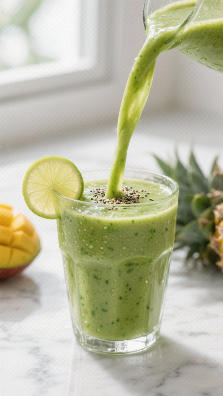 Close-up detail: A freshly blended tropical green smoothie being poured in a silky ribbon into a chi