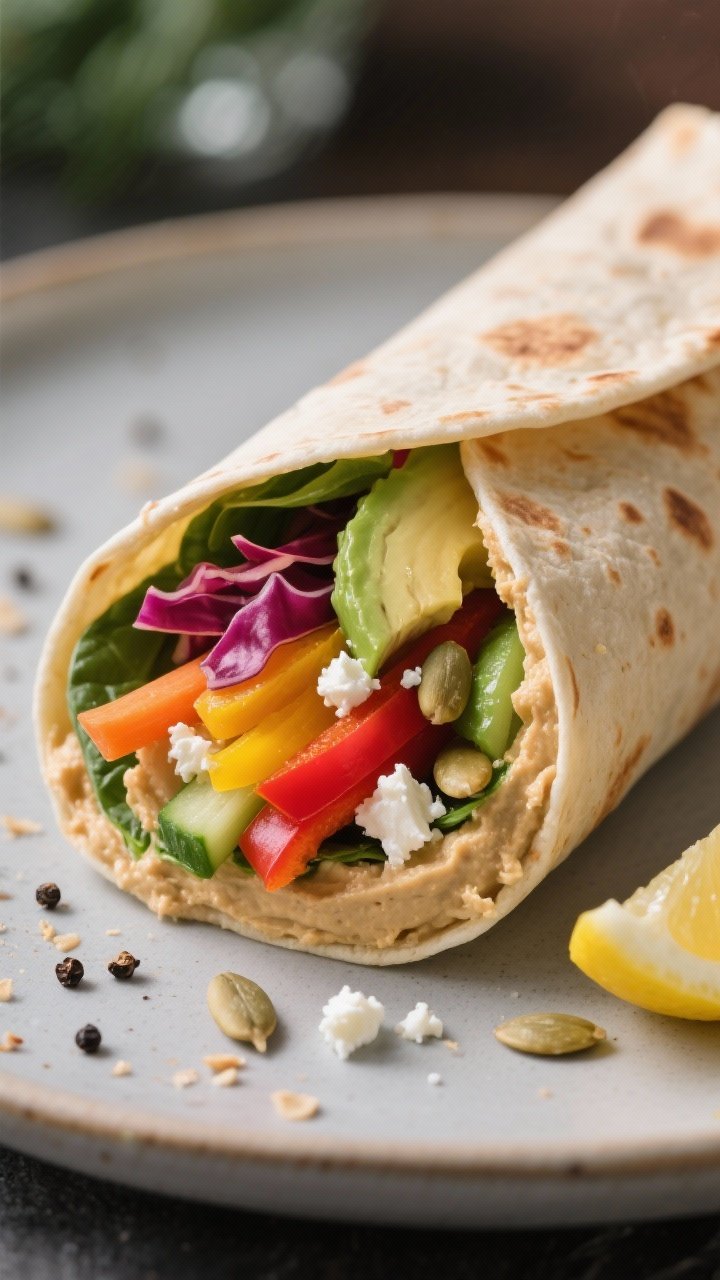 Close-up detail: A freshly rolled Rainbow Veggie Wrap cut on a diagonal, showing tight, colorful lay