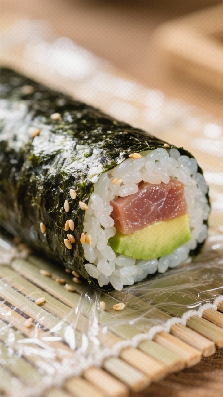 Close-up detail: A freshly rolled tuna and avocado maki cylinder resting seam-side down on a bamboo 