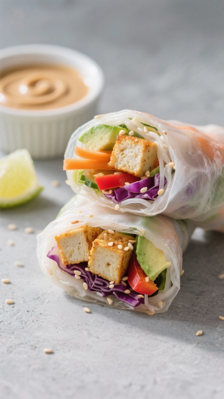 Close-up detail: A freshly rolled veggie-packed spring roll sliced in half to reveal vibrant layers 