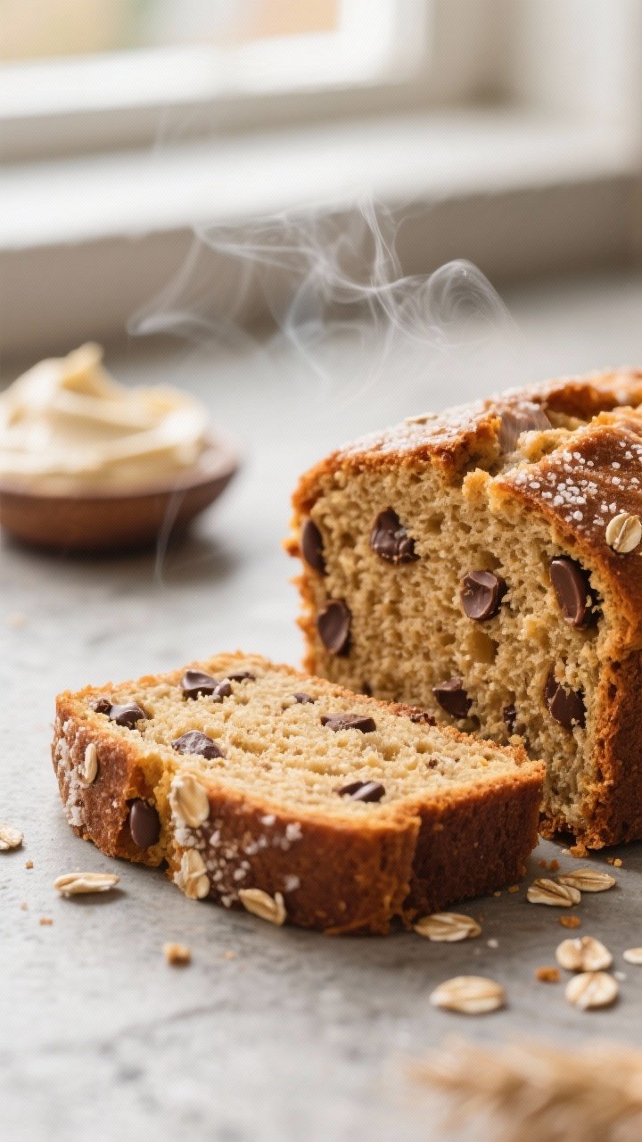 Close-up detail: A freshly sliced piece of Oat Butter Pumpkin Bread laid on its side, showing a mois