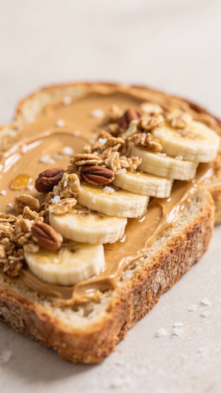 Close-up detail: A freshly toasted slice of sourdough slathered edge-to-edge with warm, glossy peanu