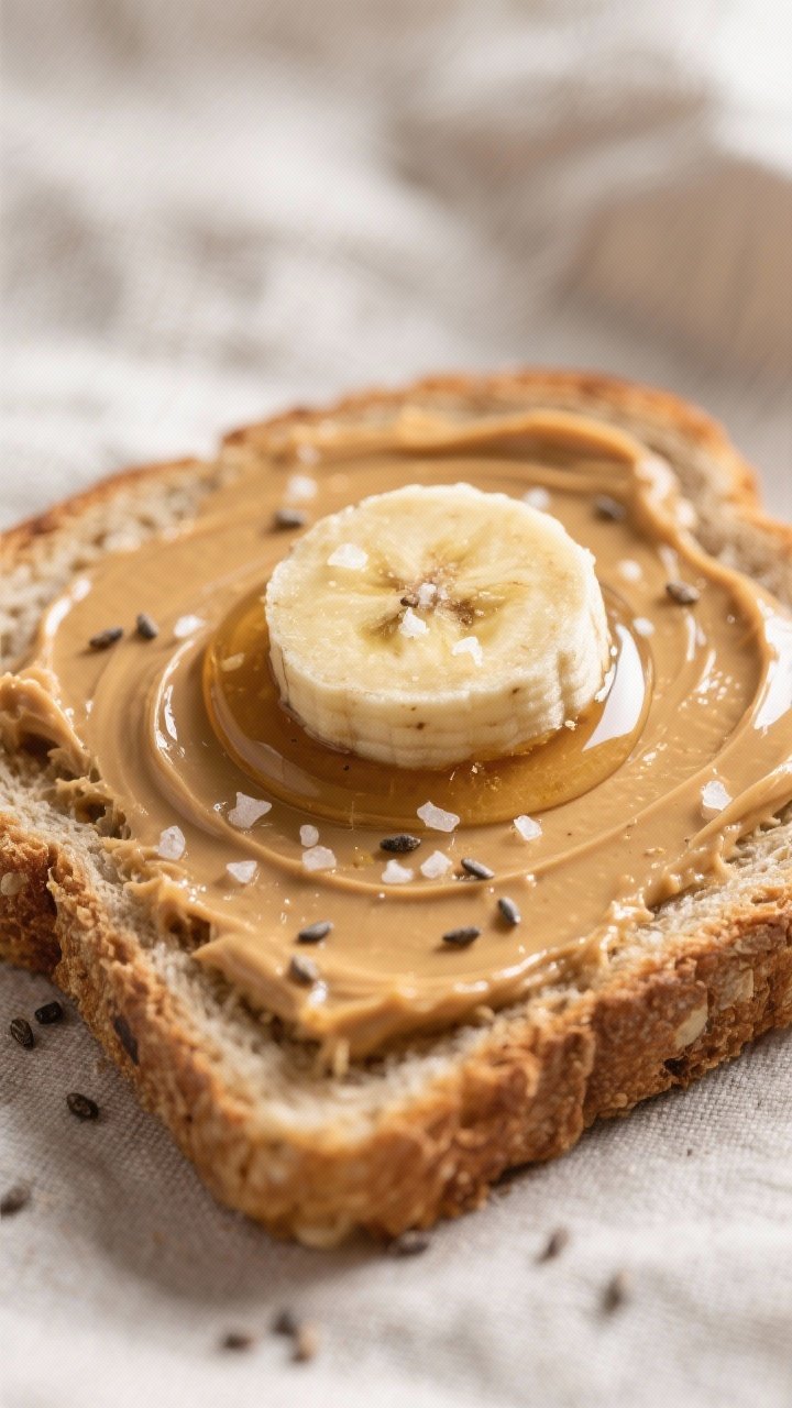 Close-up detail: A freshly toasted slice of whole grain bread spread with warm, melting natural pean
