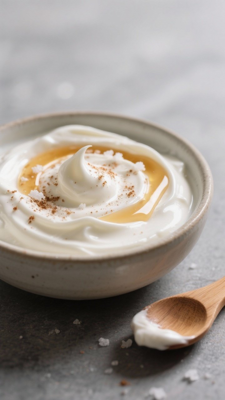 Close-up detail: A glossy bowl of Greek yogurt fruit dip just after mixing, ultra-creamy swirl textu