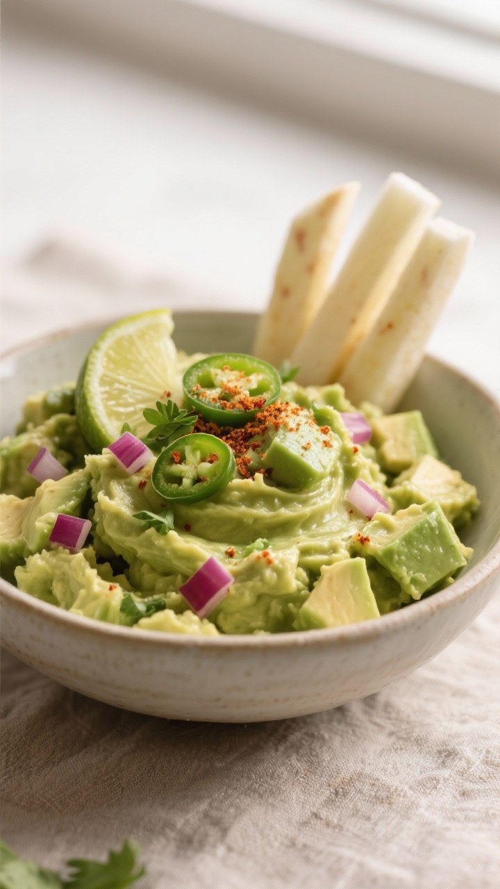 Close-up detail: A heaping bowl of freshly mashed guacamole with visible small avocado chunks, fleck