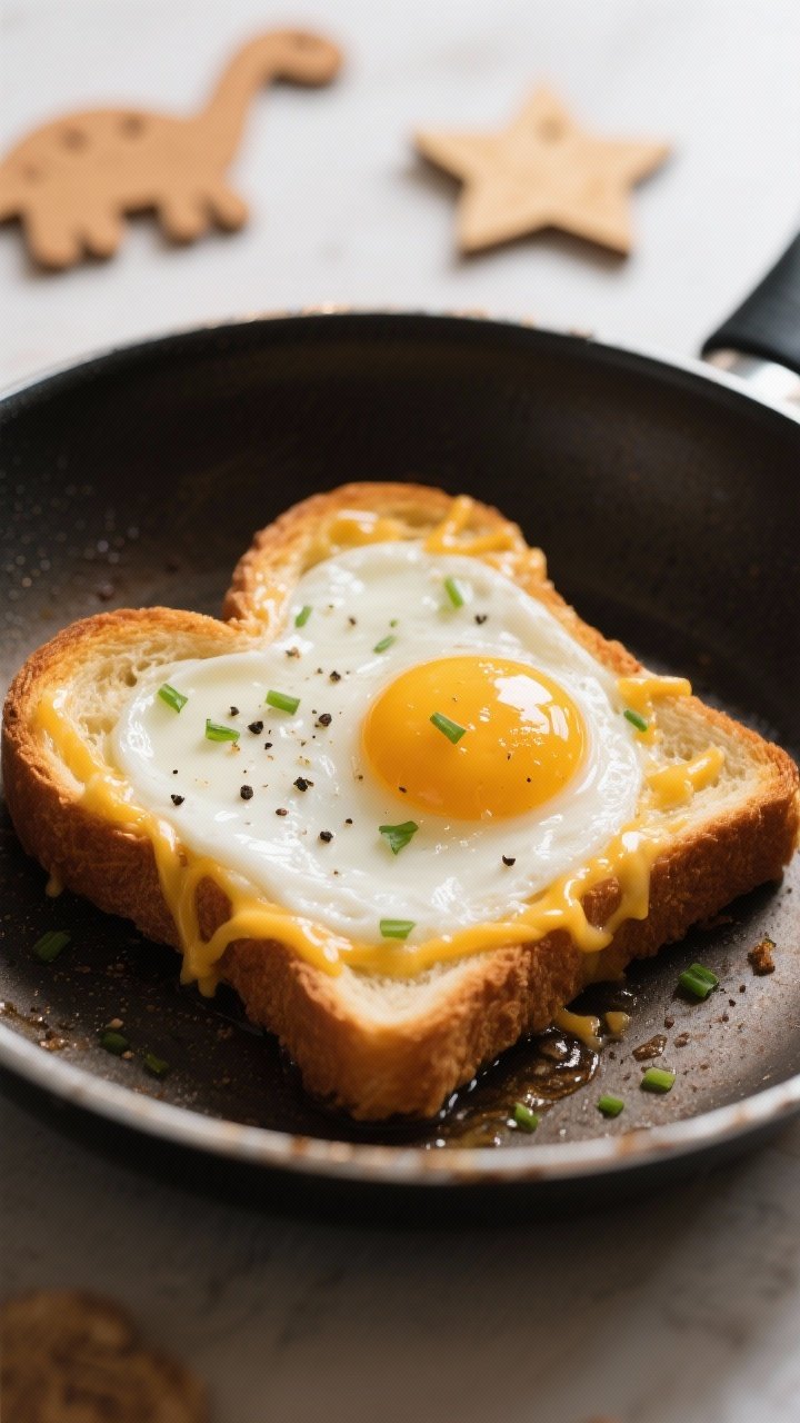 Close-up detail: A heart-shaped egg-in-a-hole sizzling in a nonstick skillet, whites just set and ed