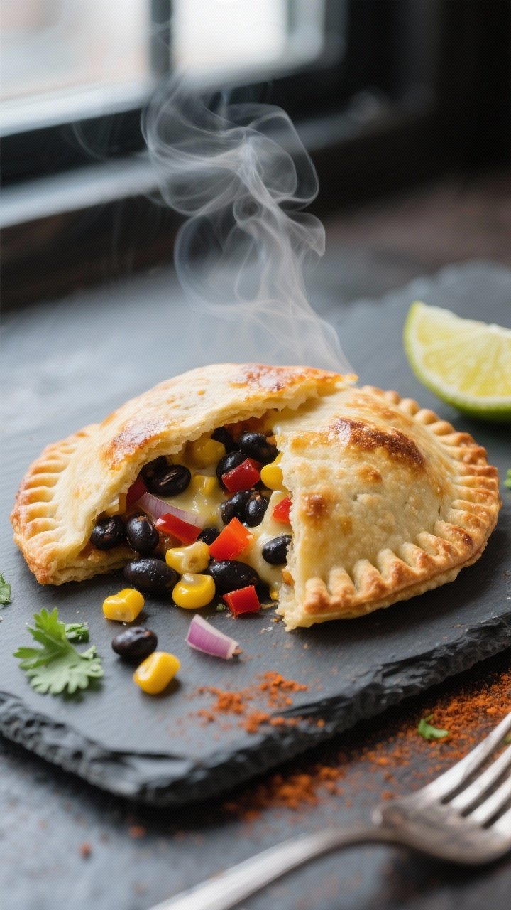 Close-up detail: A just-baked black bean & corn empanada split open on a slate board, steam rising,
