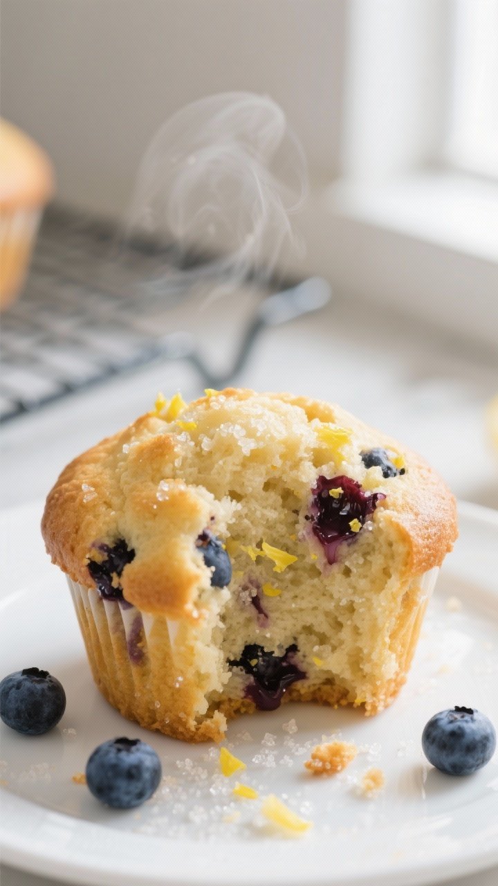 Close-up detail: A just-baked blueberry lemon protein muffin torn open to reveal a moist, tender cru