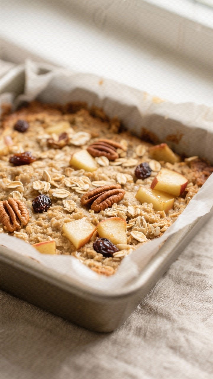Close-up detail: A just-baked cinnamon apple oatmeal bake in the pan, edges lightly golden and set, 