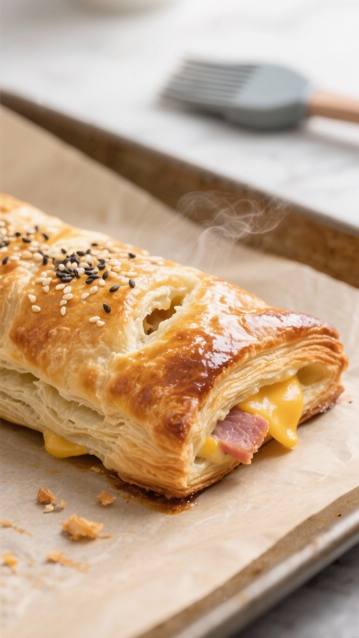 Close-up detail: A just-baked ham & cheese breakfast pocket on a parchment-lined sheet pan, crust de