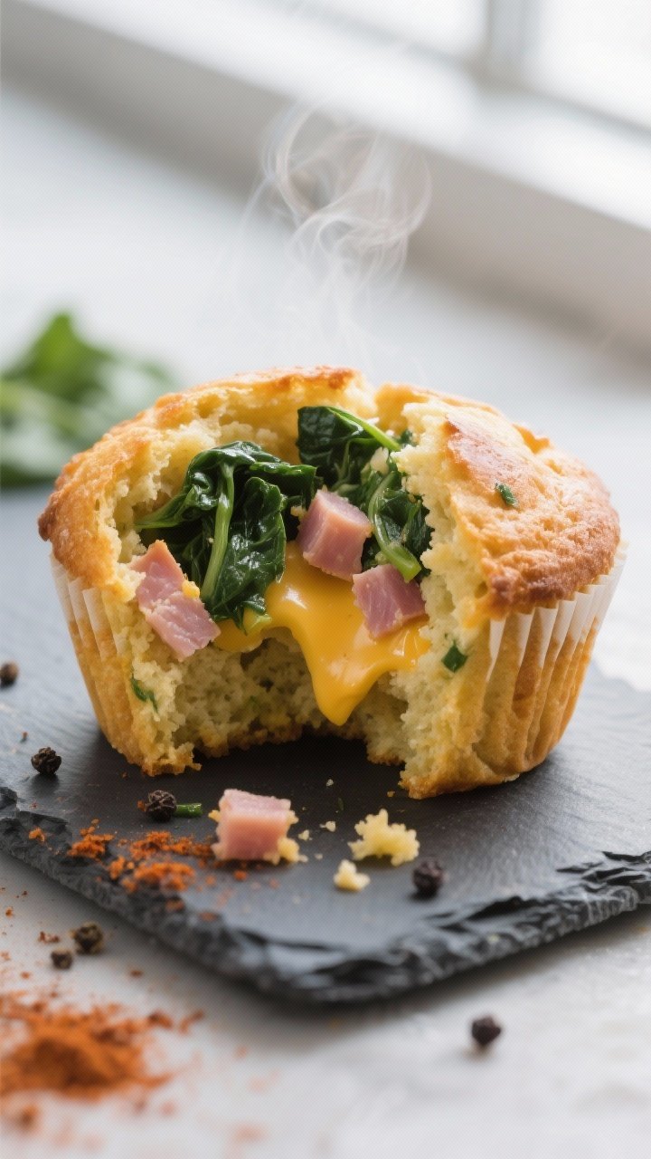 Close-up detail: A just-baked mustard green & ham muffin torn open to reveal steamy, tender crumb wi