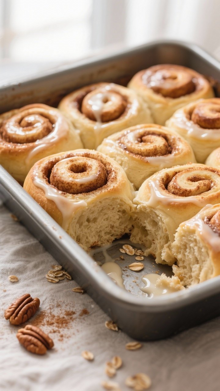 Close-up detail: A just-baked pan of Oat Butter Cinnamon Rolls still in the 9x13-inch baking dish, r