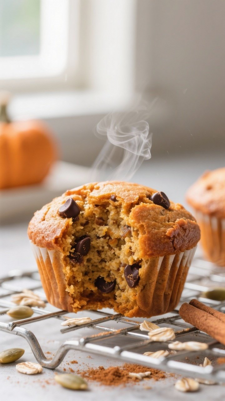 Close-up detail: A just-baked pumpkin spice protein muffin torn open to reveal a moist, tender crumb