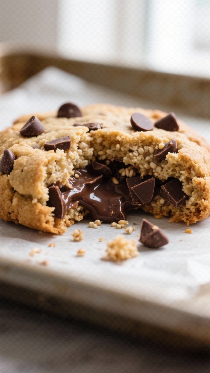 Close-up detail: A just-baked quinoa chocolate chip cookie torn in half to reveal a gooey, melty mix