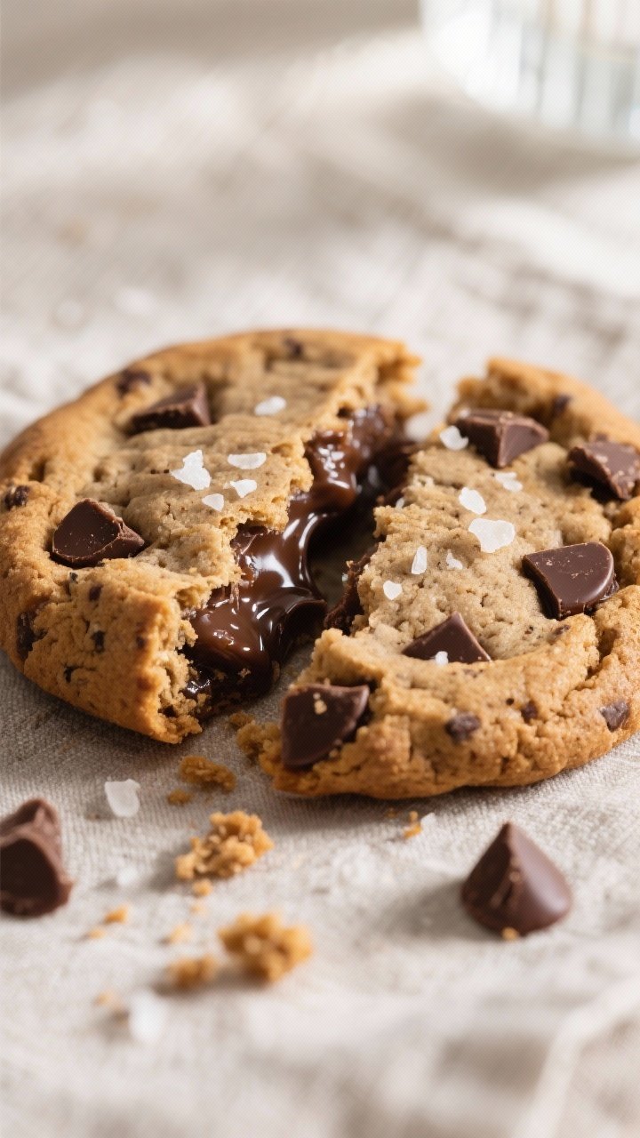 Close-up detail: A just-baked rye chocolate chip cookie torn in half to reveal a gooey, underbaked c