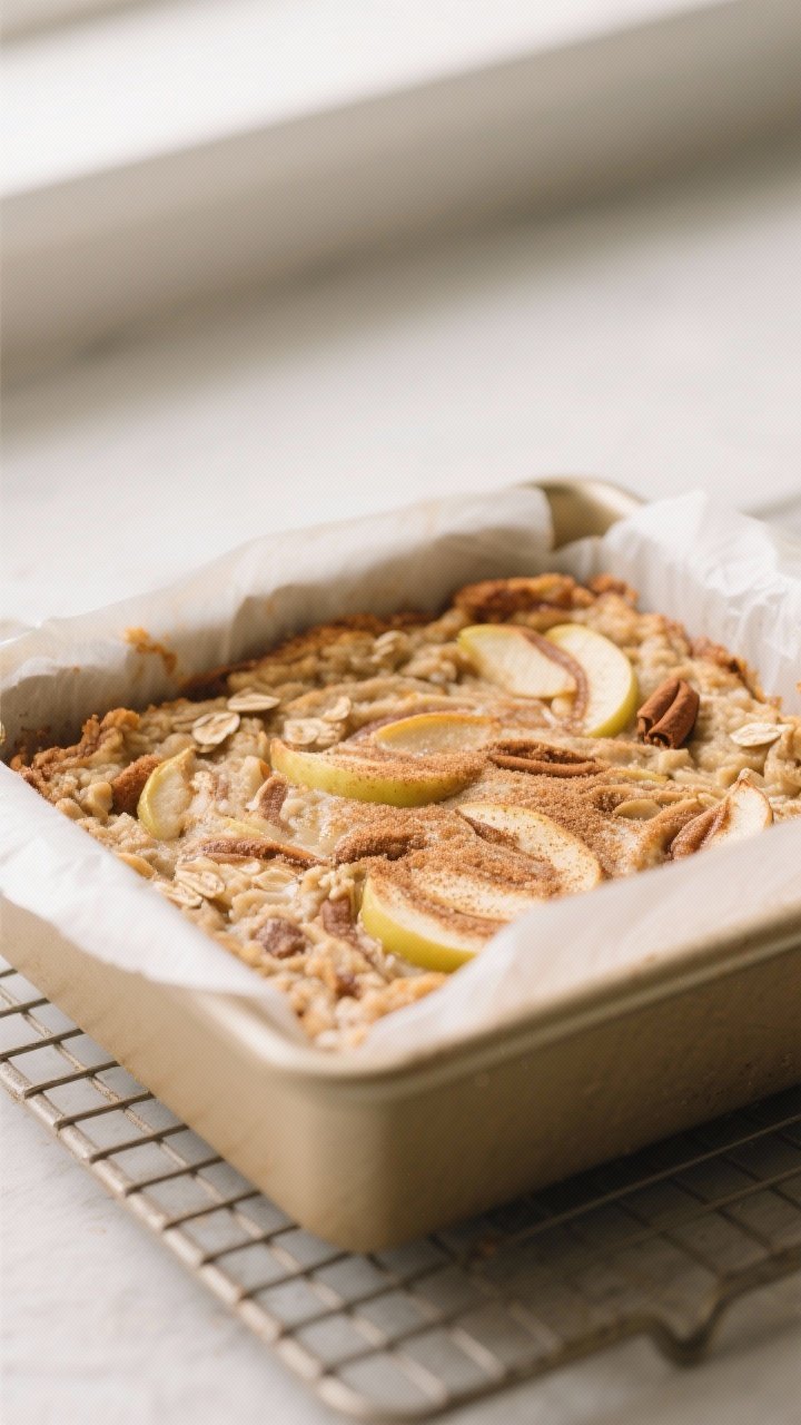 Just-baked apple cinnamon oatmeal in pan close-up