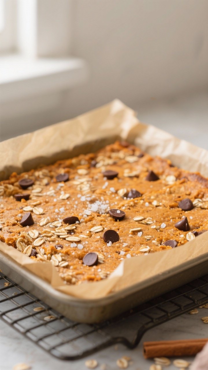 Close-up detail: A just-baked slab of Pumpkin Spice Oatmeal Bars lifted from an 8x8 pan with parchme