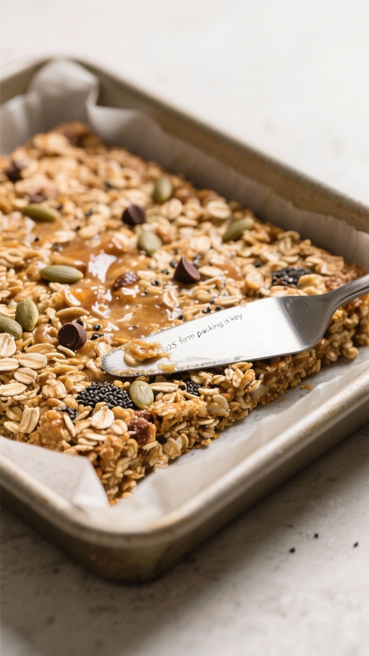 Close-up detail: A just-baked slab of seed butter granola bars still in the parchment-lined 8x8 pan,
