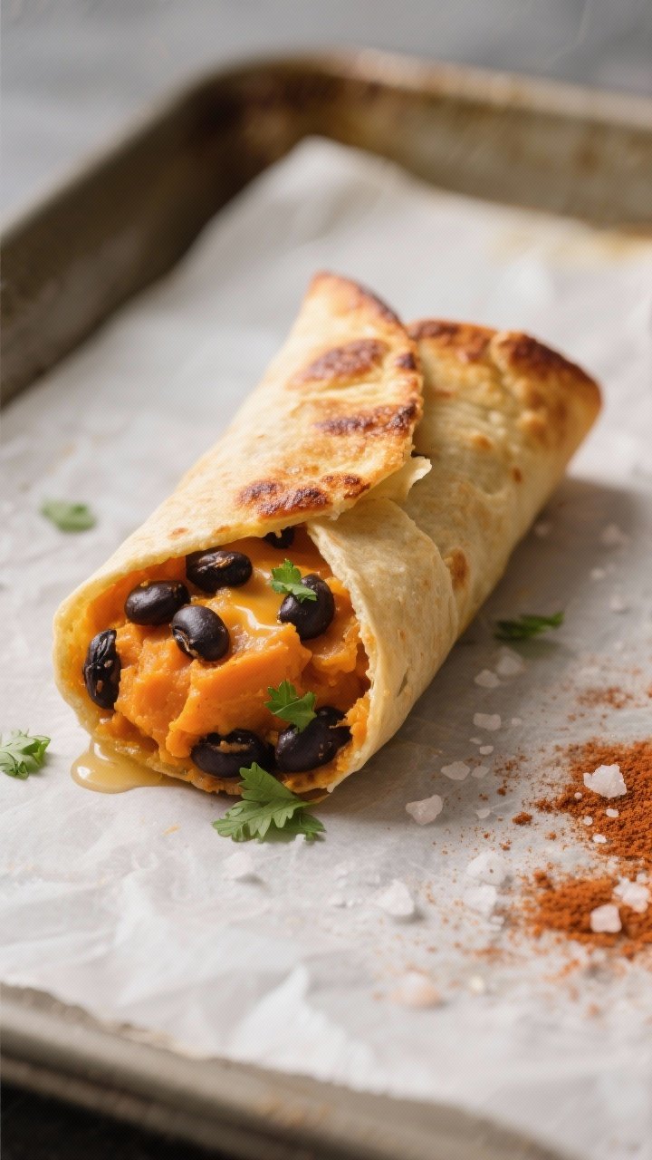 Close-up detail: A just-baked sweet potato and black bean taquito, golden and blistered with crisped