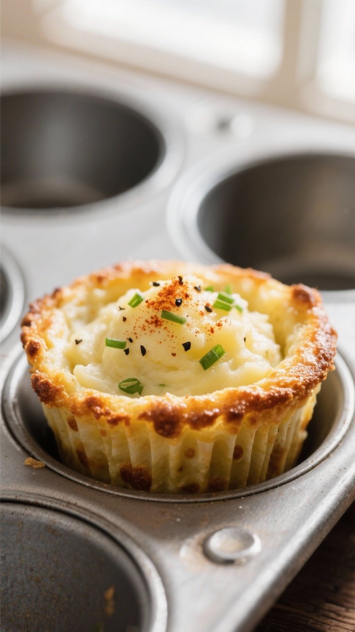 Close-up detail: A just-baked turnip & potato mash cup lifted from a muffin tin, edges deeply golden