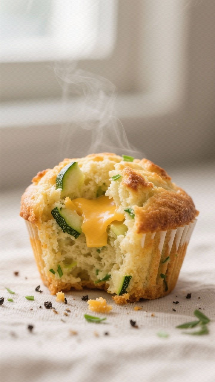 Close-up detail: A just-baked zucchini and cheese muffin torn open to reveal a tender, moist crumb w