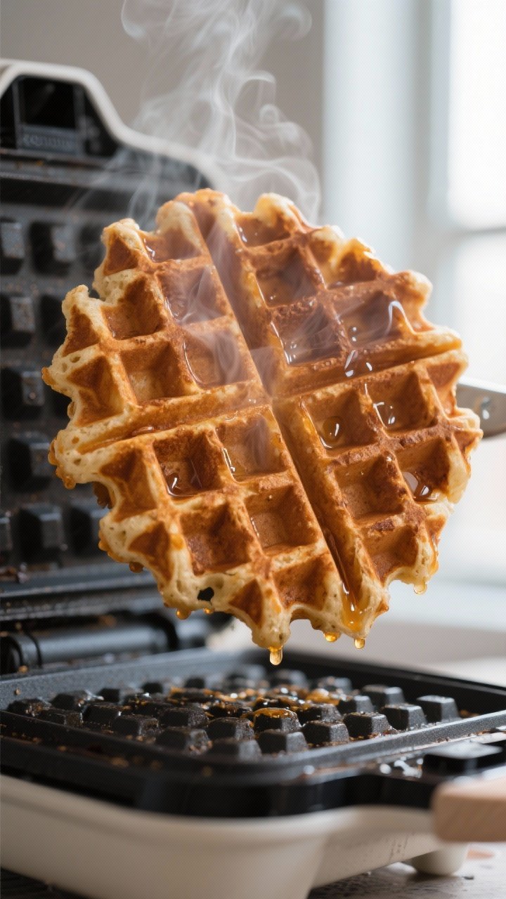 Close-up detail: A just-cooked protein waffle lifted from an open waffle iron, deep golden-brown gri