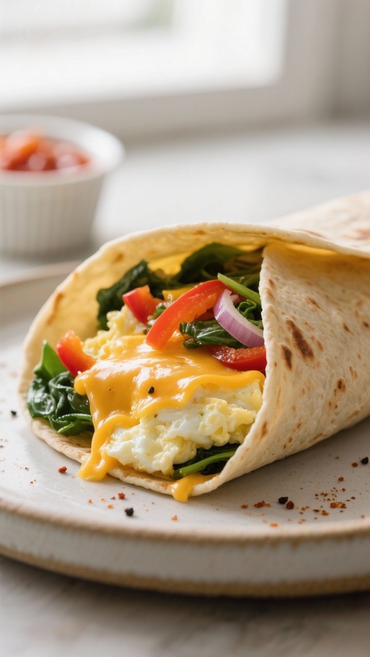Close-up detail: A just-cut make-ahead breakfast wrap showing glossy soft-scrambled eggs, melted che