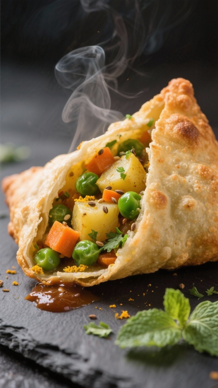 Close-up detail: A just-fried veggie samosa cracked open on a slate board, revealing a steaming, coh