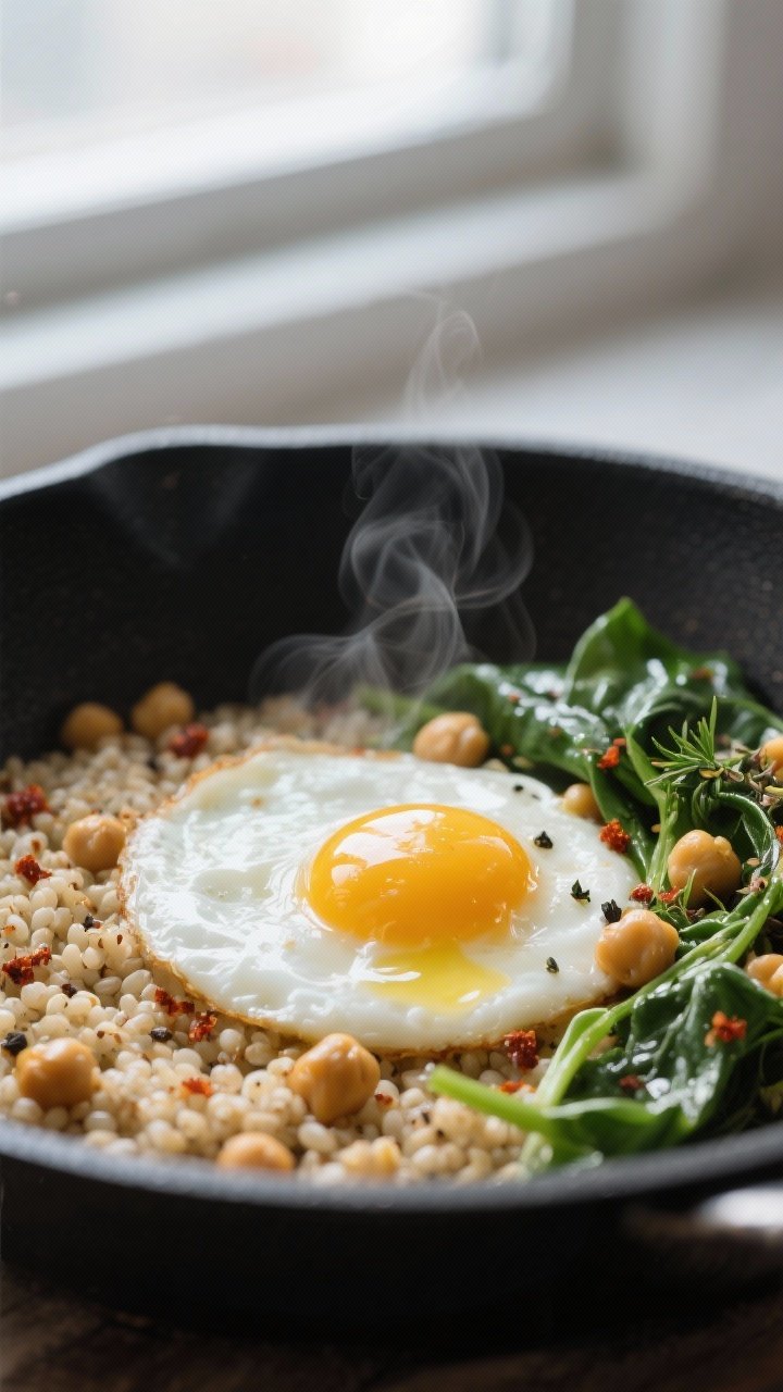 Close-up detail: A just-poached egg nestled over warm quinoa in a skillet, yolk beginning to ooze on