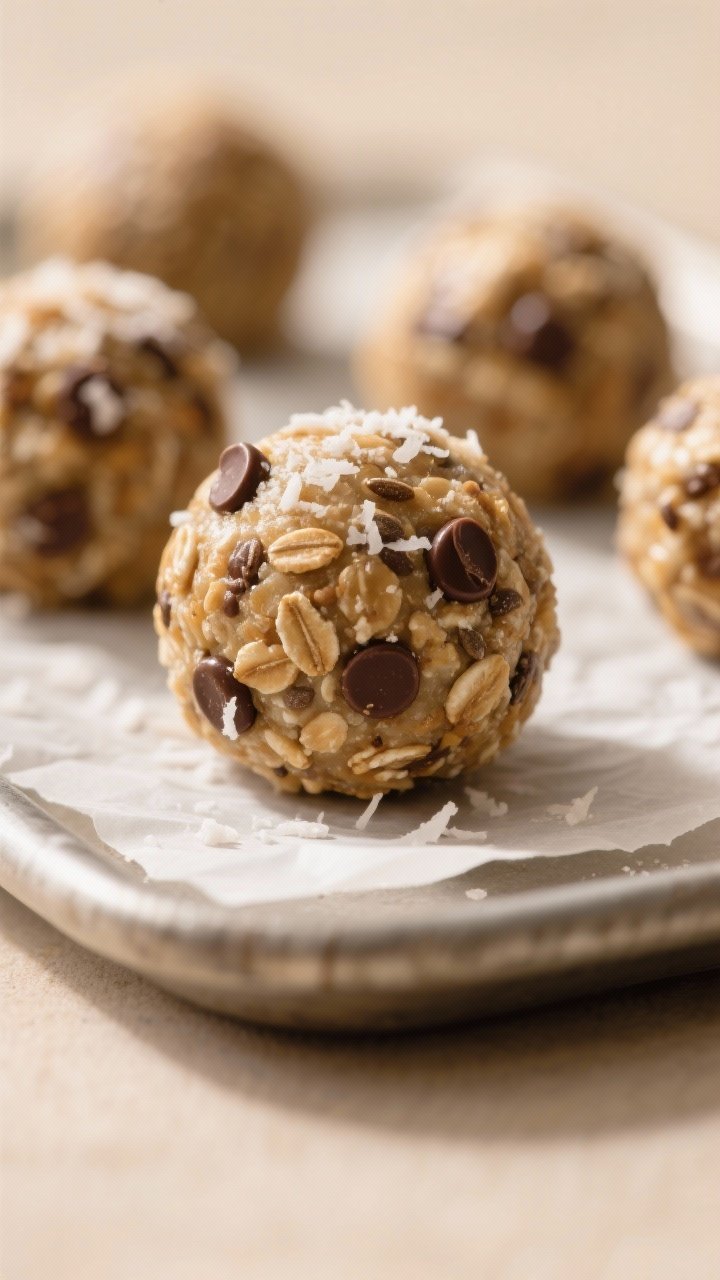 Close-up detail: A just-rolled Sunflower Butter Energy Ball held in place on a parchment-lined tray,