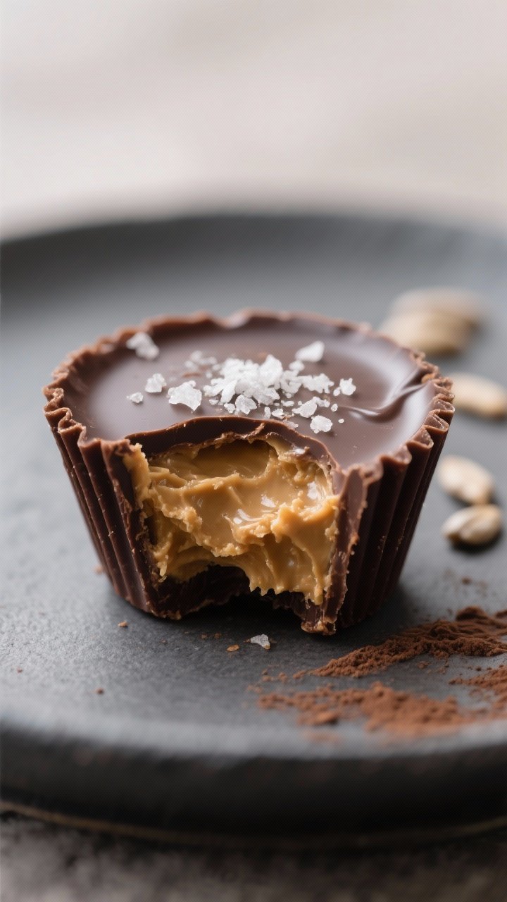 Close-up detail: A just-unwrapped mini seed butter chocolate cup bitten in half to reveal the creamy