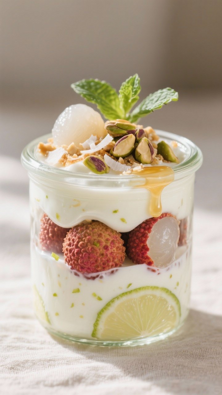 Close-up detail: A layered Rambutan Yogurt Cup in a clear glass jar, showing silky vanilla-flecked y