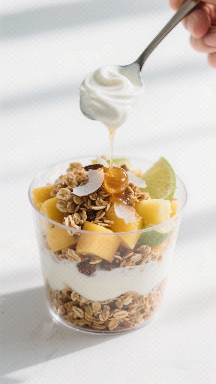 Close-up detail: A layered Tropical Fruit Yogurt Granola Cup mid-assembly, spoon swirling thick Gree