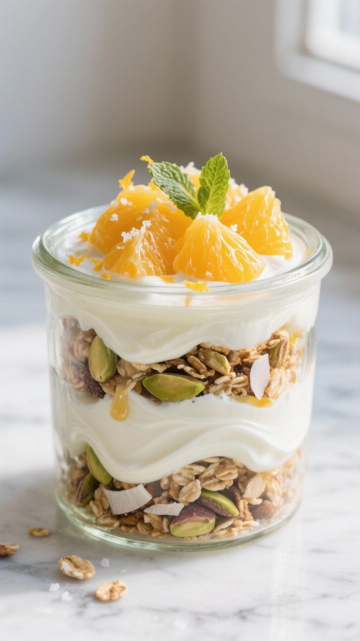 Close-up detail: A layered Ugli Fruit Yogurt Parfait mid-assembly in a clear glass jar, showing thic