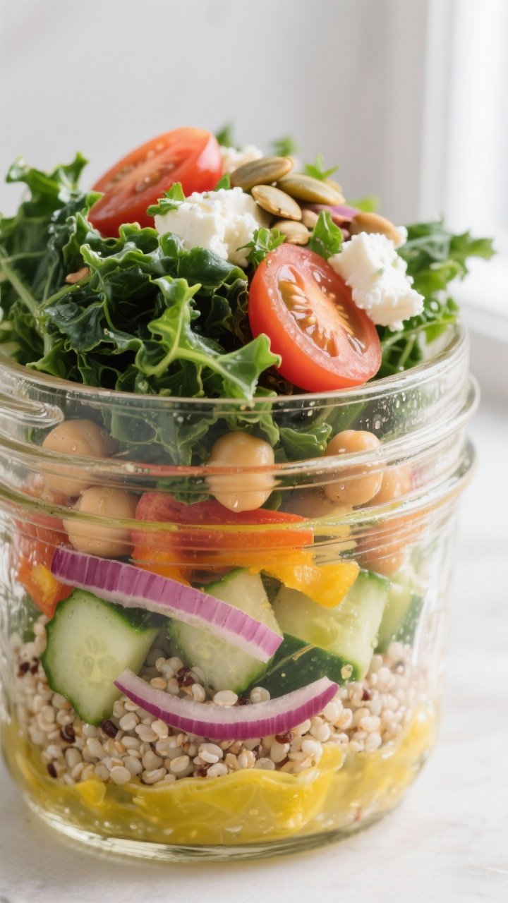 Close-up detail: A mason jar layered Quinoa & Kale Salad jar with the lemony dressing visibly pooled