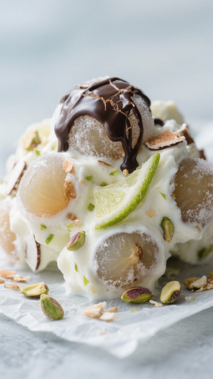 Close-up detail: A mound of frozen longan yogurt cluster just set on parchment, surface frosty and c