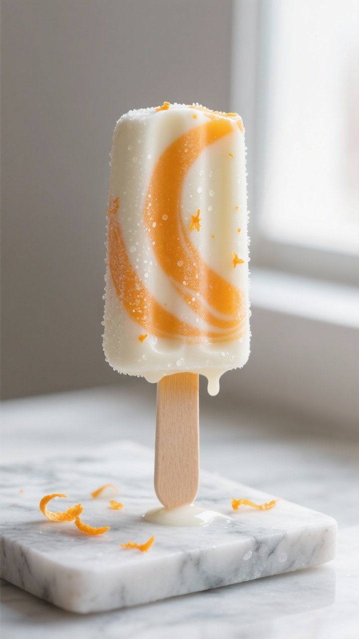 Close-up detail: A partially unmolded Orange Creamsicle Yogurt Pop held upright on a chilled marble