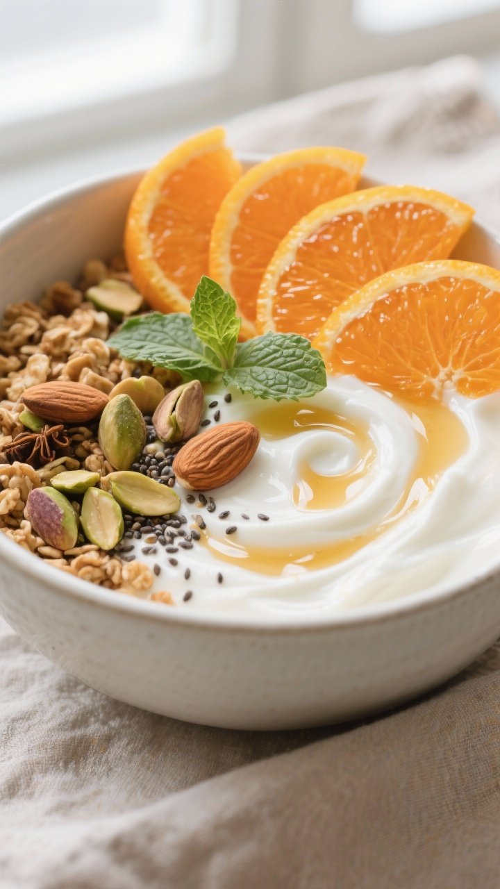 Close-up detail: A prepared Cara Cara yogurt bowl featuring thick Greek yogurt swirled with a drizzl