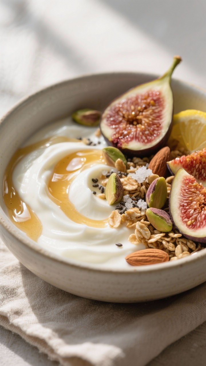 Close-up detail: A prepared Fig & Honey Yogurt Bowl with silky swirls of whole-milk Greek yogurt, gl