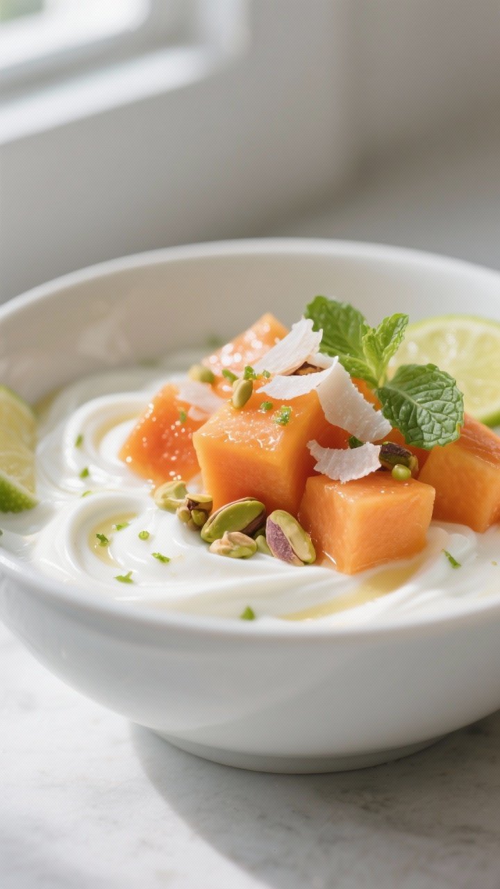 Close-up detail: A prepared papaya lime yogurt bowl with silky, lime-zested Greek yogurt swirled in