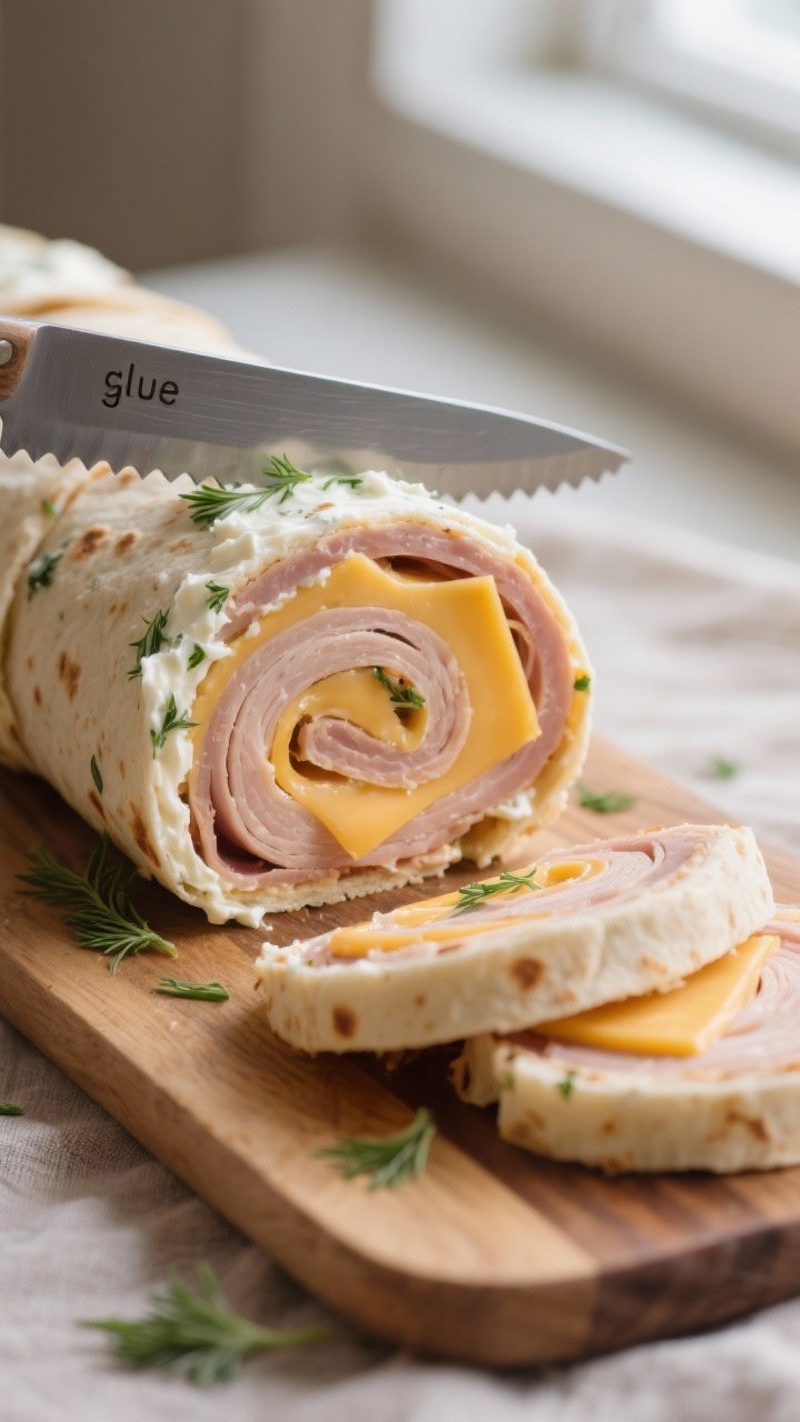 Close-up detail: A rolled turkey and cheese pinwheel log just after chilling, being sliced with a sh