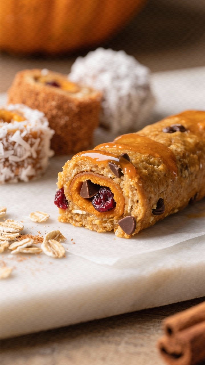 Close-up detail: a rolled Wowbutter Pumpkin Spice Bite sliced open to reveal chewy rolled oats studd